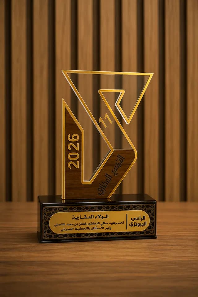 Gold and timber trophy marking Alwalaa Real Estate as a principal sponsor of the eleventh Al Tajammu Al Aqari, 2026