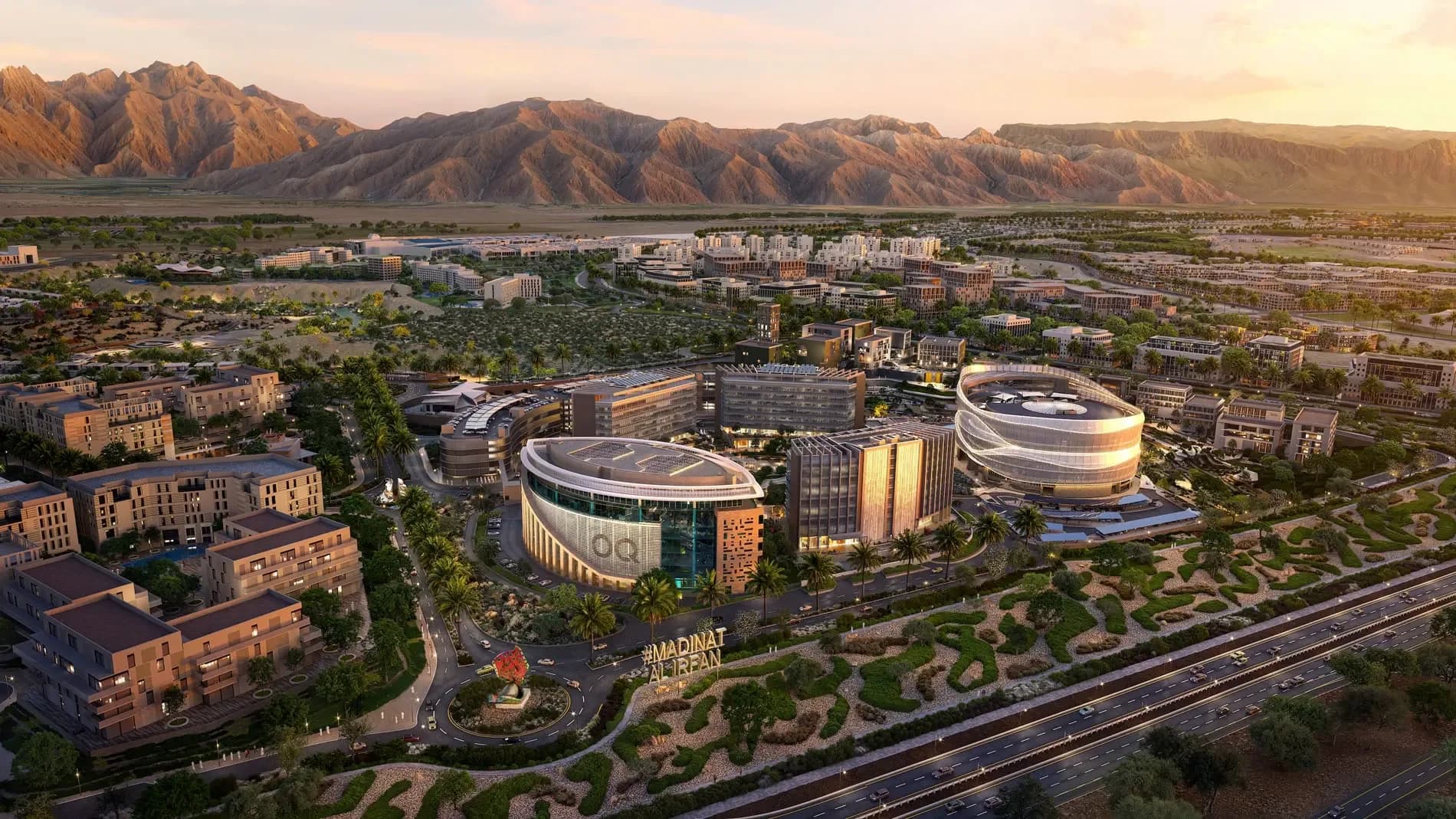 Aerial render of the Sultan Haitham City residential district at dusk